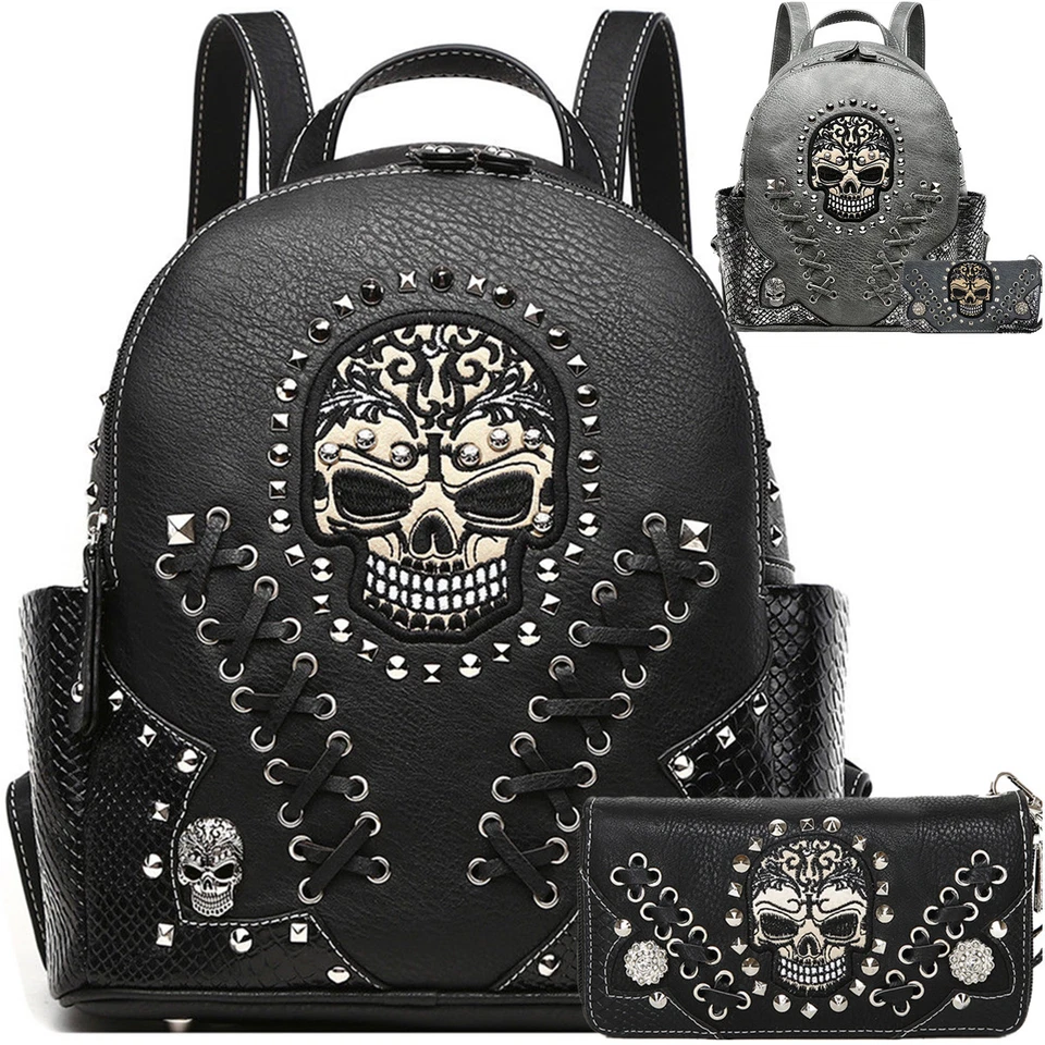 Azúcar Calavera Punk Arte Remache Tachonado Motociclista Cartera Mujeres Pitón Mochila Cartera Conjunto Foto 1 de 1