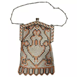 Vintage Whiting & Davis Enamel Mesh Purse Bag Art Deco Flapper Orange Black - Picture 1 of 10
