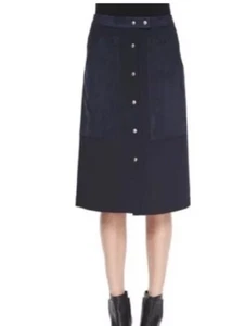Theory Dark Navy Leather Combo Button Front Skirt Size 4 Pockets - Picture 1 of 12