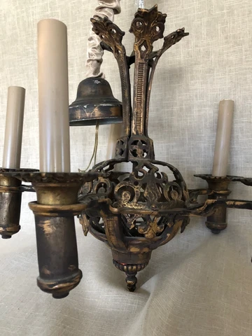 ANTIQUE CAST IRON SPANISH REVIVAL CHANDELIER HANGING LIGHT FIXTURE GOTHIC Cover