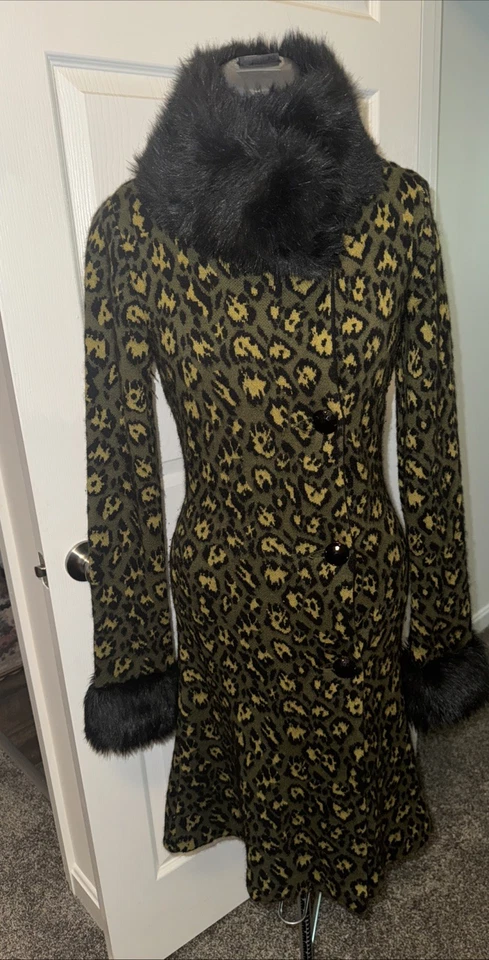 Vintage 90s Y2K Betsey Johnson Sweater Duster Cardigan Leopard Fur S - Image 1 of 4