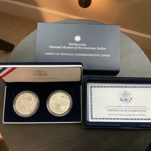 2001 American Buffalo Proof & Unc Silver Dollar US Mint 2 Coins Commemorative - Picture 1 of 10