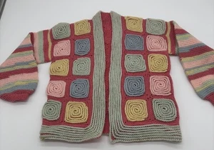 Crocheted Child’s Sweater Multi Colored Size 4? Square Stripe Salmon Pink - Picture 1 of 5