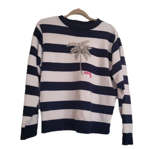 Lilly Pulitzer Navy White Stripe Ballard Sweatshirt Palm Silver Sequin Pearl XS - Bild 1 von 8