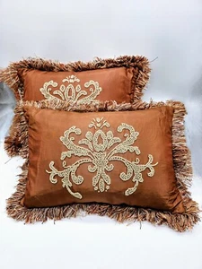 Vintage Springmaid Pair Beaded Silk Taffeta Fringed Toss Pillows 11x17" Elegant - Picture 1 of 11