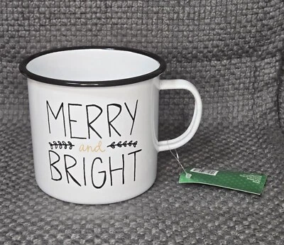 Taza de Navidad de hojalata estilo fogata FELIZ Y BRILLANTE Sleigh Bell Bistro  Foto 1 de 4