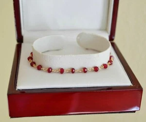 Delicate Natural Faceted Red Ruby Yellow Gold Wire Wrapped Bracelet Handmade - Picture 1 of 8