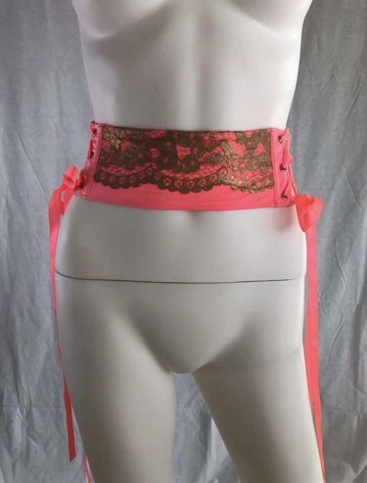 Nuevo con etiquetas Victoria's Secret Cintura Ajustadora Liguero Satinado Dorado Encaje Bling Coral Melocotón XS Foto 1 de 4