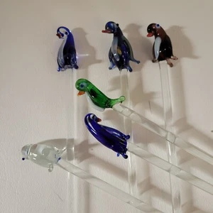 Hand Made Glass Swizzle Stick Drink Decor Set 6 Penguins Blue Black White Green - Picture 1 of 4