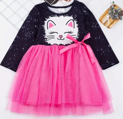Adorable Kitty Cat Pink Black Tutu Party Dress Long Sleeve, Soft Size 6-7 Yrs. - Image 1 of 4