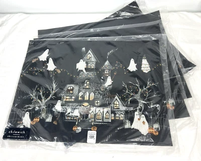 Pottery Barn Chilewich Halloween Place Mats Scary Squad Set 4 Black Ghosts - Image 1 of 4