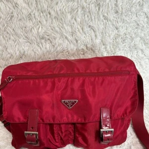 Prada Messenger Bag Nylon Triangle Logo Shoulder Bag Red Women's Used - Picture 1 of 18