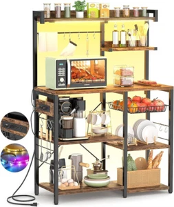 Bakers Rack with Power Outlet and LED Light Strings, Microwave Oven Stand Kitche - Picture 1 of 8