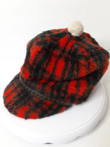 Vintage Men's Red/Black Plaid Hunting Cap with White Pom Ball - Picture 1 of 5