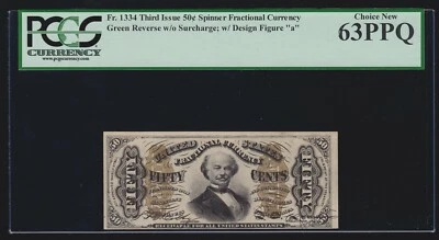 US 50c Fractional Currency Note 3rd Issue Figure 'a' w/o Sur FR 1334 PCGS 63 PPQ - Image 1 of 2
