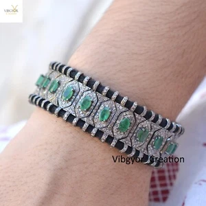Pave Diamond Black Thread Macrame Bracelet 925 Silver Clasp Lock Emerald Jewelry - Picture 1 of 6