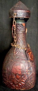 Vintage DECANTER Wrapped LEATHER Blue Glass Vino Bottle JEYPE SPAIN Barware - Picture 1 of 12