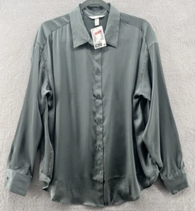 H&M Shirt Womens Medium Long Sleeve Gray Green Silky Button Up - Picture 1 of 7