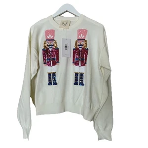 Fantastic Fawn Nutcracker Soft Sweater Oversized Womens Sz M Ivory Christmas NWT - Picture 1 of 7
