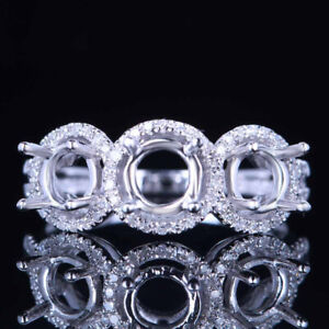 Round 5.5mm & 4.5-5mm Diamonds Semi Mount Ring Three Stone Solid 10K White Gold