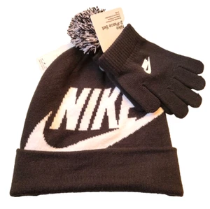 NWT Nike Boy's Black/White Swoosh 2PC Pom Beanie Hat & Gloves Set 9A2695-023 - Picture 1 of 4