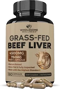 Wholesome Wellness Grass Fed Desiccated Beef Liver Capsules (180 Pills, 750Mg Ea - Picture 1 of 6