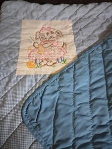 Vintage Handmade EMBROIDERED QUILTED  Blanket Animals Blue Baby Lap Wall Art - Picture 1 of 13