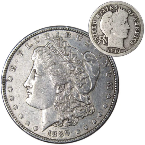 1889 Morgan Dollar XF EF Extremely Fine 90% Silver with 1916 Barber Dime G Good Cover