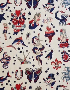 Tattoo Fabric, BTY, Alexander Henry Fabric, 6236XR, Tint Red/Blue, TheFabricEdge - Picture 1 of 1