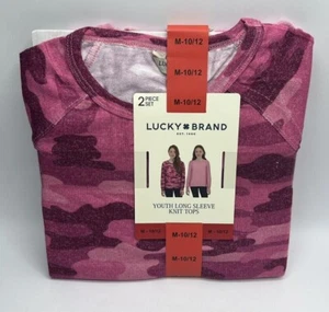 Girls Size M (10/12) Lucky Brand 2-Pack Long Sleeve Knit Tops Shirts Camo Pink - Picture 1 of 4