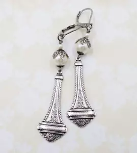 Victorian Style Handmade Cream Pearl Silver Plated Earrings, Renaissance Baroque - Picture 1 of 7