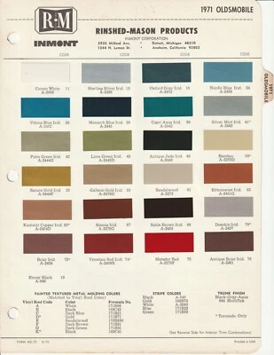 1971 OLDSMOBILE CUTLASS 442 F-85 TORONADO DELTA 88 СКОЛЫ КРАСКИ (R-M) - Изображение 1 из 2