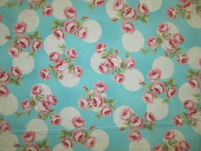 FLORES ANTIGUAS ROSAS ROSA AZUL FLOR ROSA CÍRCULOS BLANCO TELA ALGODÓN FQ  Foto 1 de 4