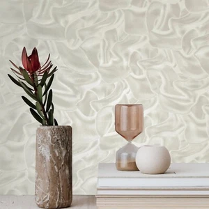 Champagne beige cream modern waves wallpaper textured faux wavy silk fabric 3D - Picture 1 of 15