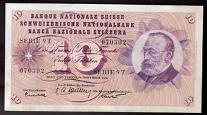 SWITZERLAND  10  FRANKEN  1956  PICK # 45c AU WITH STAIN  (NICE) - Picture 1 of 2