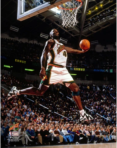 Shawn Kemp Seattle Supersonics Unsigned Hardwood Classics Windmill Dunk Photo Cover