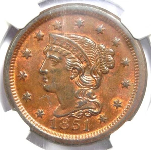 1851 Braided Hair Cent 1C - Certified NGC Uncirculated Details (MS UNC) - Rare! - Picture 1 of 4