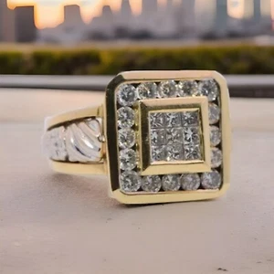 18k Yellow White Gold 1 CT Princess Diamond Double Frame Halo Cluster Ring Sz 6 - Picture 1 of 17