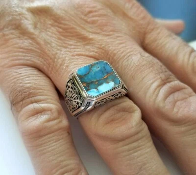 Blue Copper Turquoise Ring 925 Sterling Silver Ring For Men Gift Wedding Ring - Image 1 of 4