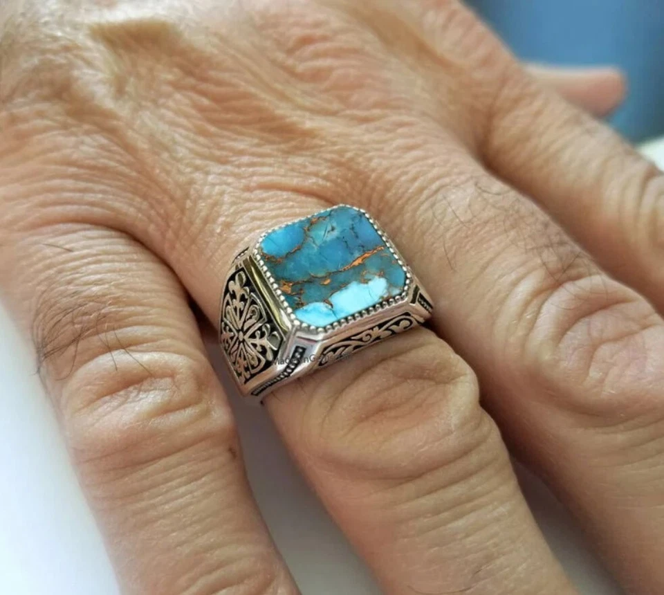 Anillo turquesa cobre azul anillo de plata de ley 925 anillo para hombre anillo de boda de regalo Foto 1 de 4
