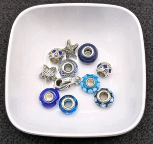 Mixed Blue European Slide Bead Charm w/ Large Hole - Picture 1 of 9