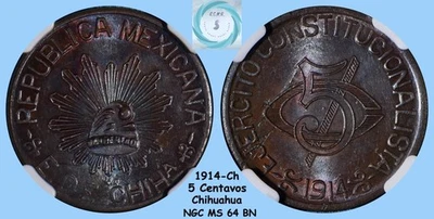 1915 Mexico 5C Chihuahua Copper NGC MS 64 BN - Gorgeous Blues and Magentas - Image 1 of 4
