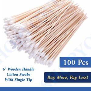 100Pcs 6" Long Round Wooden Handle Cotton Swabs with Single Tip