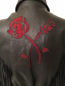 HYDE OUT of Arlington NJ Women's Black Fringe w/Roses Leather Motorcycle- 10 EUC - Picture 1 of 7