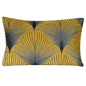 Cojín Art Deco. Oruga de terciopelo de lujo. Diseño de ventilador vintage plateado y amarillo. - Imagen 1 de 3