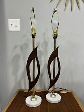 Pair of Vtg 1950’s Mid-Century Modern MCM Teak Wood w/ Marble Base Table Lamps