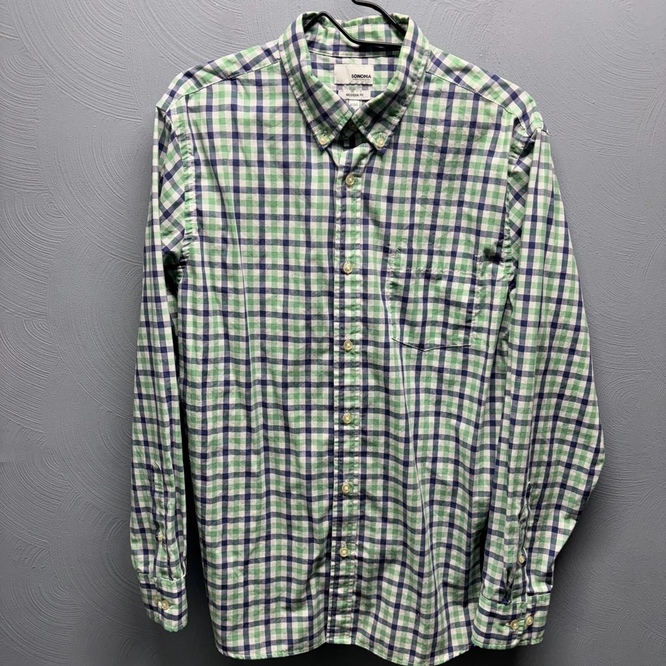 Camisa social Sonoma azul verde xadrez manga longa bolso com botões tamanho grande - Imagem 1 de 4