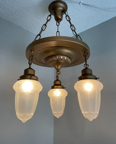 antique 1910-20s three light hanging brass pan fixture Cover
