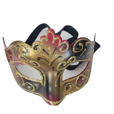 Venetian Halloween Women Masquerade Eye Mask Burgundy Gold Tie On Fantasy - Image 1 of 3