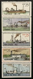 1989 Steamboats Booklet Pane Of 5 25c Postage Stamps, Scott# 2405-2409, MNH, OG - Picture 1 of 1